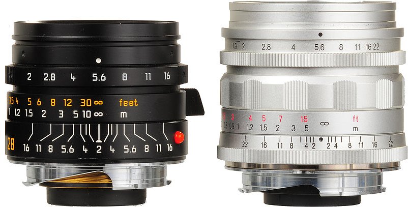 Size
          comparison 28mms Leica Elmarit, Summicron-M ASPH and VL Ultron
          28/1.9 Aspherical (Picture of and LINK to Ken Rockwell
          Review)